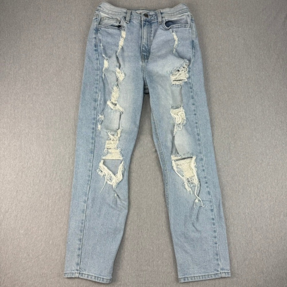 Cello Mom Jeans Womens 7 Light Blue Excellent Heavy Distressed High Rise